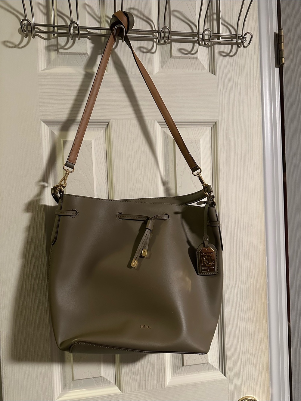 Ralph Lauren Olive Green Leather Shoulder Bag with Tan Strap